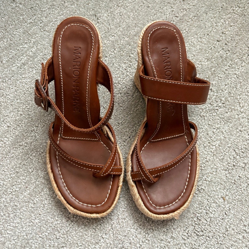 Marion Parke Brown Leather Espadrille Wedge Sandals Toe Loop Made in Italy 36
